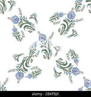 Vintage primavera romantico pastello modello senza cuciture con fiori blu e foglie su sfondo bianco. Illustrazione Vettoriale