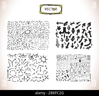 Frecce vettoriali disegnate a mano. Frecce impostate nello stile di schizzo Illustrazione Vettoriale