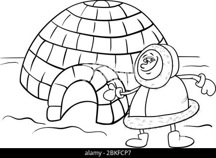 Cartoon bianco e nero Illustrazione di Funny Eskimo o Lapp Man con la sua pagina del libro da colorare della Casa di Igloo Illustrazione Vettoriale