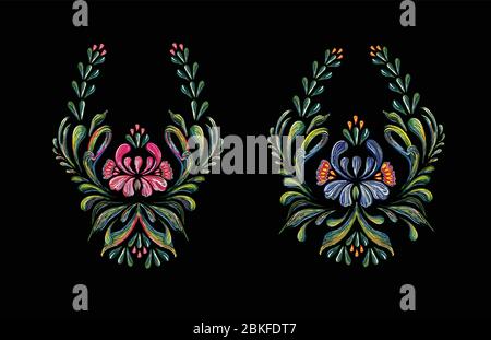 Illustrazione in stile folk. Bella vettore rosa, fiori blu in stile vintage. Elementi floreali vettoriali. Illustrazione Vettoriale