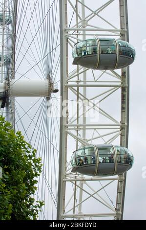 Un colpo da primo piano di una parte del London Eye o della ruota di Millenium in una giornata nuvolosa a Londra Foto Stock