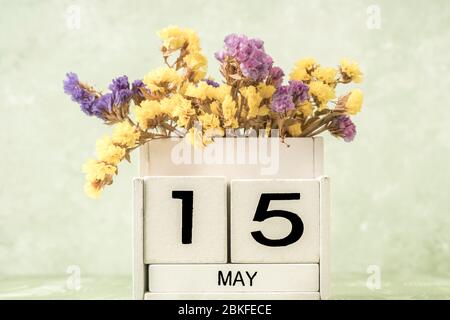 Calendario cubo bianco per maggio decorato con fiori su sfondo verde con spazio copia Foto Stock