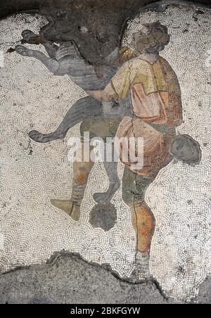 Grande Palazzo di Costantinopoli (periodo romano-orientale). Particolare di uno dei mosaici che decorano i pavimenti. Cacciatore e cane. iv-vi secolo. Museo dei mosaici del Grande Palazzo. Istanbul, Turchia. Foto Stock