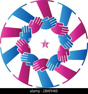 Illustrazione di un logo delle mani del lavoro di squadra con sfondo isolato Illustrazione Vettoriale