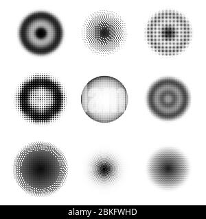 Set di cerchi mezzitoni diversi. Set di punti. Trama punteggiata su bianco. Modello di grunge overlay. Progetto lineare di emergenza Foto Stock