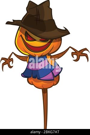 Scarecrow con testa di zucca in un cappello di strega e stracci. Testa di zucca con cartoni animati con le mani Illustrazione Vettoriale