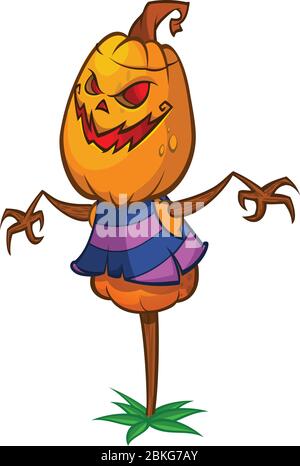 Scarecrow con testa di zucca in un cappello di strega e stracci. Testa di zucca con cartoni animati con le mani Illustrazione Vettoriale