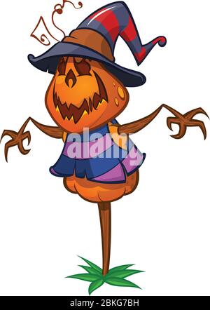 Scarecrow con testa di zucca in un cappello di strega e stracci. Testa di zucca con cartoni animati con le mani Illustrazione Vettoriale