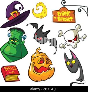 Set di cartoni animati di simboli di Halloween. Gatto delle streghe, zucca, cranio, cappello delle streghe, zombie, libro di incantesimi, trucco o tratta segno e pipistrello. Illustrazione vettoriale Illustrazione Vettoriale