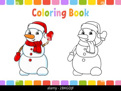 Libro da colorare per bambini. Pupazzo di neve. Personaggio cartoon. Illustrazione vettoriale. Pagina fantasy per bambini. Silhouette con contorno nero. Isolato su bianco b Illustrazione Vettoriale