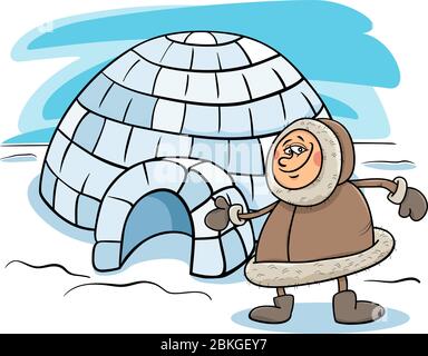 Illustrazione di Funny Eskimo o Lapp Man con la sua Casa di Igloo Illustrazione Vettoriale