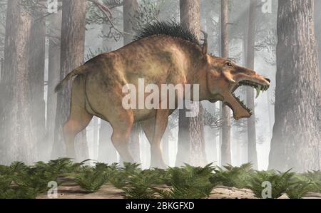 L'Entelodon, o maiale dell'inferno, è un maiale preistorico estinto o un mammifero simile a cinghiale che visse durante l'Eocene e il Miocene, raffigurato in una foresta. 3D Rend (Rend 3D) Foto Stock