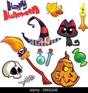 Set di cartoni animati di simboli di Halloween. Gatto delle streghe, zucca, gallo cranio, cappello delle streghe, zombie, candela, pipistrello Illustrazione Vettoriale