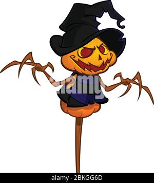 Scarecrow con testa di zucca in un cappello di strega e stracci. Testa di zucca con cartoni animati con le mani Illustrazione Vettoriale
