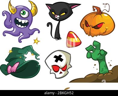 Set di cartoni animati di simboli di Halloween. Gatto delle streghe, testa di zucca o lanterna, cranio grim, cappello delle streghe, mano zombie Illustrazione Vettoriale