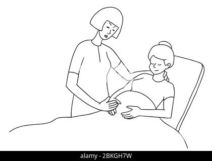Donna incinta con supporto Doula. L'infermiere aiuta il paziente. Illustrazione vettoriale in stile linea nera Illustrazione Vettoriale