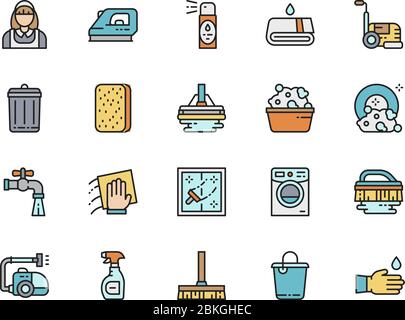 Set di icone di pulizia a linea di colore piatta. Casalinga, profumatore d'aria, secchio e molto altro Illustrazione Vettoriale