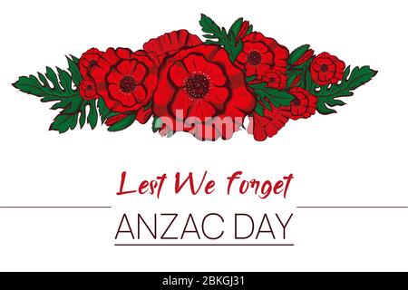 Ricordo papavero e per non dimenticare il concetto banner. Illustrazione vettoriale con papavero rosso disegnato a mano al giorno di Anzac anche noto come giorno di armistizio. Illustrazione Vettoriale
