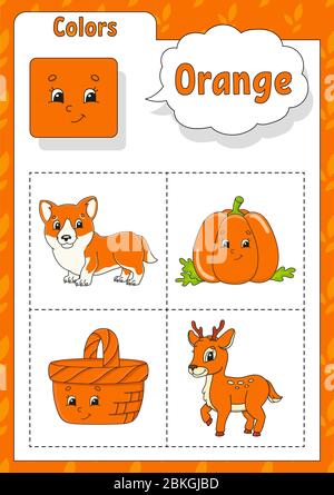 Colori di apprendimento. Colore arancione. Flashcard per bambini. Simpatici personaggi cartoon. Set di immagini per preschooler. Foglio di lavoro Education. Illustrazione vettoriale. Illustrazione Vettoriale