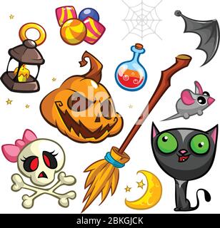 Set di cartoni animati di simboli di Halloween. Gatto delle streghe, zucca, pannolino, covolino e caramelle. Illustrazione vettoriale Illustrazione Vettoriale