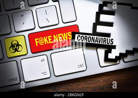 FOTOMONTAGGIO, pulsante computer etichettato Fake News and Biogefährdungszeichen, simbolo foto per coronavirus hoaxes / FOTOMONTAGE, Computertaste mit der Foto Stock