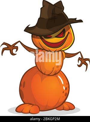 Scarecrow con testa di zucca in un cappello di strega e stracci. Testa di zucca con cartoni animati con le mani Illustrazione Vettoriale