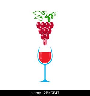 Bicchiere di vino rosso e uva isolato su sfondo bianco. Simbolo Wineglass. Concetto di vetreria. Coppa di liquore. Illustrazione Vettoriale