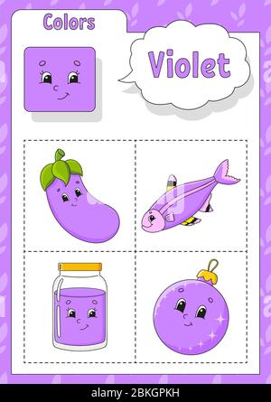 Colori di apprendimento. Colore viola. Flashcard per bambini. Simpatici personaggi cartoon. Set di immagini per preschooler. Foglio di lavoro Education. Illustrazione vettoriale. Illustrazione Vettoriale