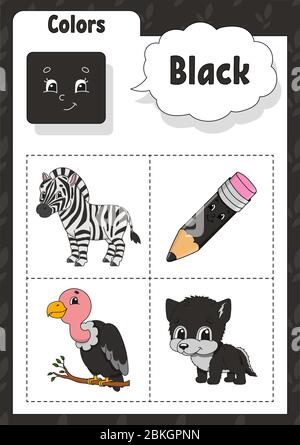 Colori di apprendimento. Colore nero. Flashcard per bambini. Simpatici personaggi cartoon. Set di immagini per preschooler. Foglio di lavoro Education. Illustrazione vettoriale. Illustrazione Vettoriale