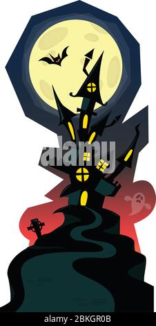 Casa infestata da cartone animato sulla collina sullo sfondo della notte con una luna piena dietro. Illustrazione di Halloween Illustrazione Vettoriale
