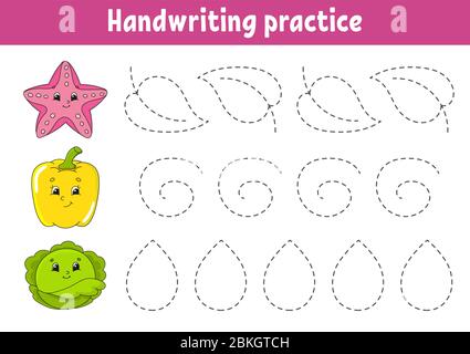 Pactice di scrittura. Foglio di lavoro sviluppo formazione. Pagina attività. Frutta e verdura. Gioco a colori per bambini. Illustrazione del vettore isolato. Carrello Illustrazione Vettoriale