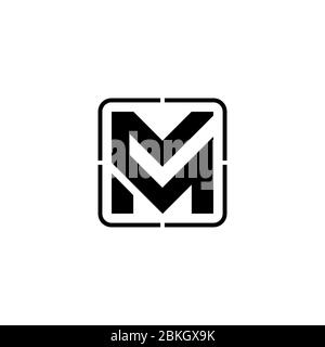 Modello iniziale del logo grafico lettera M, con segno di spunta sul concetto di design dello spazio negativo, isolato su sfondo bianco. Illustrazione Vettoriale
