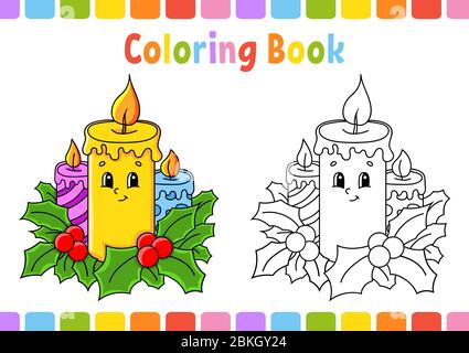 Libro da colorare per bambini. Candele di Natale. Personaggio cartoon. Illustrazione vettoriale. Pagina fantasy per bambini. Silhouette con contorno nero. Isolato su wh Illustrazione Vettoriale