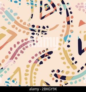 Vector Bright Abstract Paint Pattern con elementi triangolari e botanici in colore pastello Coral background Illustrazione Vettoriale