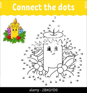 Gioco da punto a punto. Disegnare una linea. Candele brucianti di Natale decorate con foglie agrifoglio. Per i bambini. Foglio di lavoro attività. Libro da colorare. Con risposta. Cartone animato Illustrazione Vettoriale