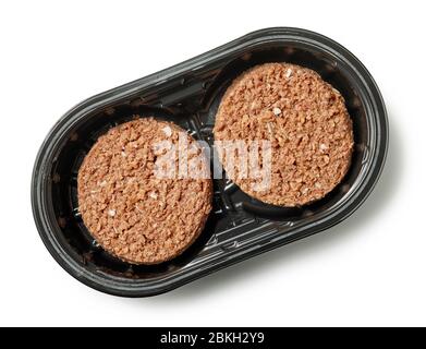 pacchetto di hamburger a base di piante senza carne isolati su sfondo bianco, vista dall'alto Foto Stock