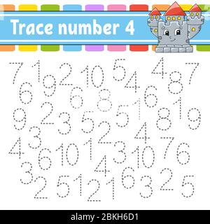 Numero traccia 4. Pratica di scrittura a mano. Numeri di apprendimento per bambini. Foglio di lavoro sviluppo formazione. Pagina attività. Gioco per bambini e bambini in età prescolare. È Illustrazione Vettoriale