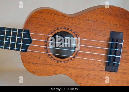 Dettaglio di una Ukelele di qualità professionale, o Ukulele, uno strumento musicale sviluppato per la prima volta dagli Hawaiiani nel 1800. Foto Stock