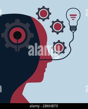 Testa umana con ingranaggi, pensiero concetto di progresso e idea.illustrazione vettoriale. Illustrazione Vettoriale
