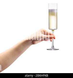 Donna mano tenendo bicchiere di champagne frizzante isolato su bianco. Foto Stock