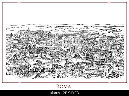 Tavolo illustrato d'epoca con vista panoramica sulla città di Roma capitale d'Italia, situato sulle rive del Tevere, ricco di storia, architettura, arte e monumenti antichi come il Colosseo Foto Stock