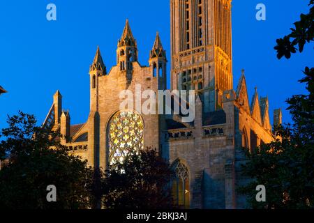 Francia, Finistere, Saint Pol de Léon, Notre-Dame-du-Kreisker cappella che ha un campanile gotico con la guglia più alta in Bretagna con 78 m, Rose e vetrate di Kim en Joong Foto Stock