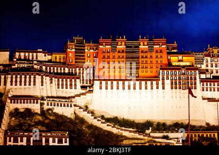 Cina, Tibet centrale, Ü Tsang, Lhasa, palazzo Potala, Patrimonio dell'Umanità dell'UNESCO, spettacolo di suoni e luci al tramonto