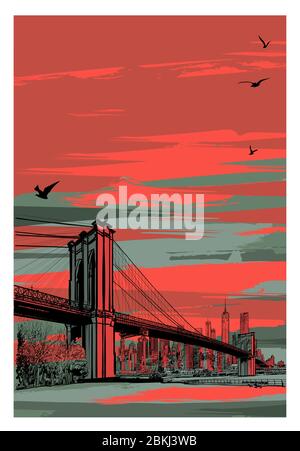 Ponte storico di Brooklyn e Lower Manhattan - illustrazione vettoriale (ideale per la stampa su tessuto o carta, poster o carta da parati, decorazione della casa) Illustrazione Vettoriale