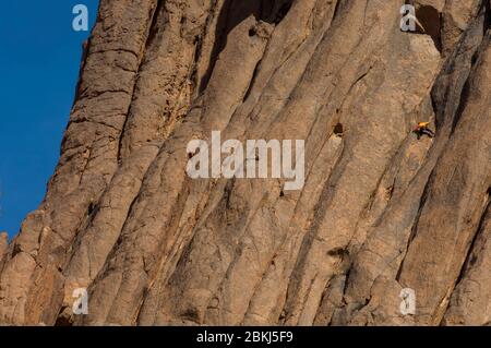 Algeria, Tamanrasset, Hoggar Sahara, che arrampica gli aghi basaltici del Tezouyag, di fronte all'eremo di Padre de Foucauld ad Assekrem Foto Stock