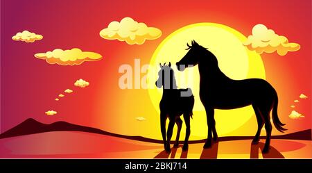 banner paesaggio con cavalli al tramonto - illustrazione vettoriale Illustrazione Vettoriale