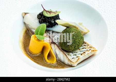 Francia, Gironde (33), Bassin d'Arcachon, la teste-de-Buch, maigre de ligne, seiche du Bassin et cromesqui à la persillade/France, Gironde, Bassin d'Arcachon, la teste-de-Buch, pesce sciocco, seppie del bacino e cromesqui con prezzemolo Foto Stock