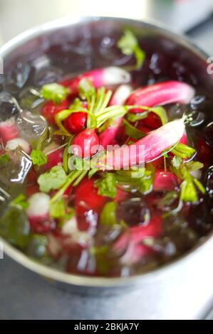 Francia, Parigi, ristorante Alain Passard, lavaggio verdure dal giardino Foto Stock