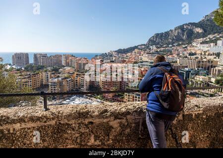 Principato di Monaco, Monaco, vista panoramica di Fontvieille dai bastioni di Place du Palais Principer Foto Stock