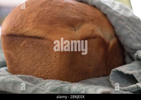 Una pagnotta di pane bianco appena sfornato avvolto in un asciugamano per mantenere caldo. Foto Stock